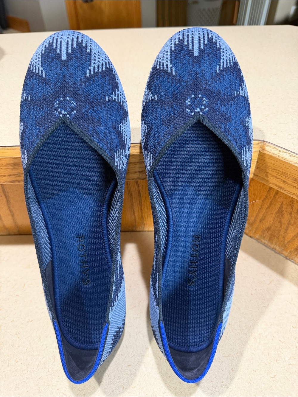 Rothy's Navy and Light Blue Patterned Knit Flats